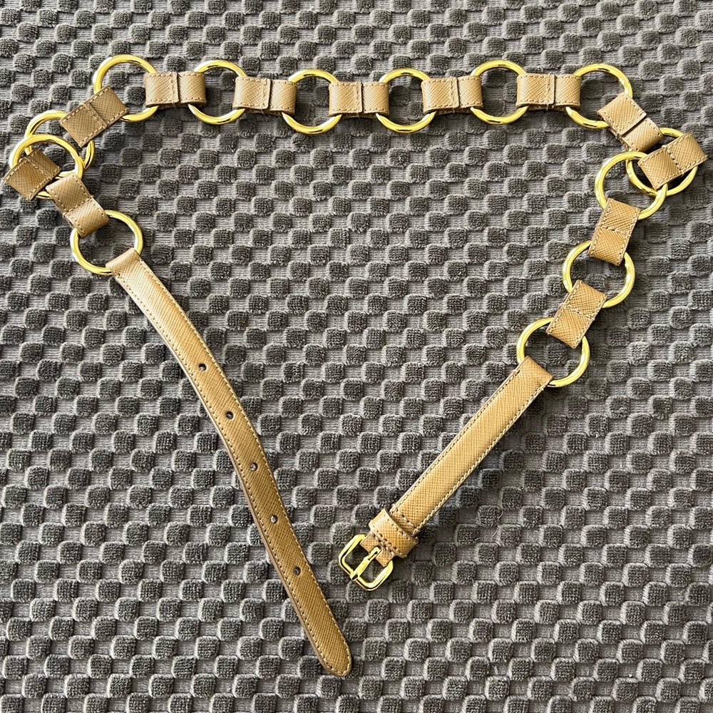 Prada Tan Leather & Gold Ring Belt | Statement Designer Accessory
